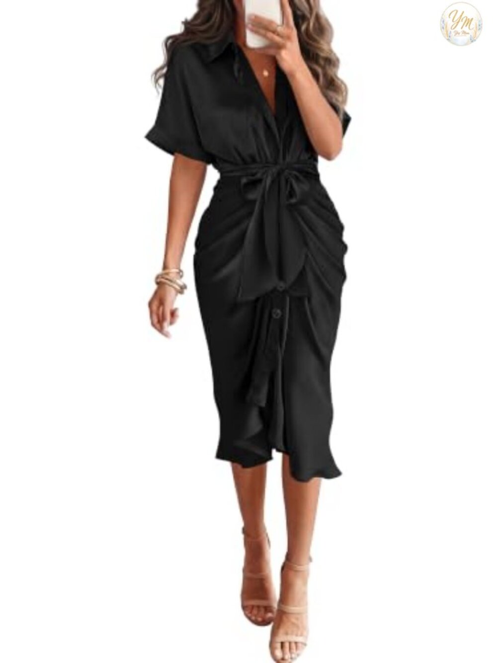 Satin Maxi Dress Short Sleeve Button Down Tie Waist Business Casual